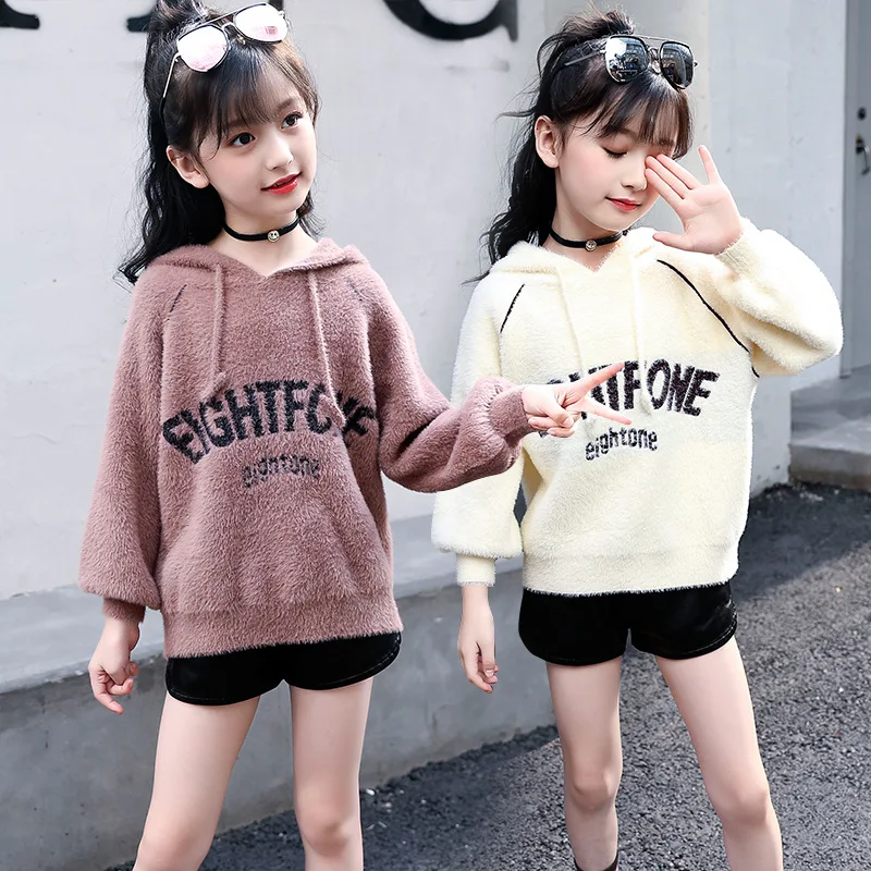 

Winter Faux Fur Coat Hooded Letter Sweater Baby Girls Clothes Boys Sweaters Girl Casual Wool Coats Long Sleeve Pullover