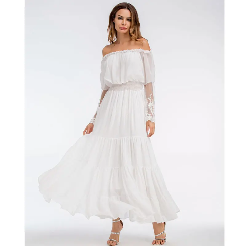 Ladies Summer Dress Ankle-length Long Maxi Dresses 2018 Lace Bohemia Elegant Sweet Loose Slash Neck Strapless | Женская одежда