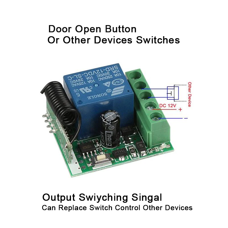 DC12V Wireless RF Remote Control Transmitter Receiver Relay Switch 433MHZ/315MHZ. Features: *1CH DC12V 10A Wireless RF Remote Control Receiver Relay Module+1 Key Remote Control. *An automatic switch for automatic regulation, with self-lock function, allows safety protection and circuit conversion.
