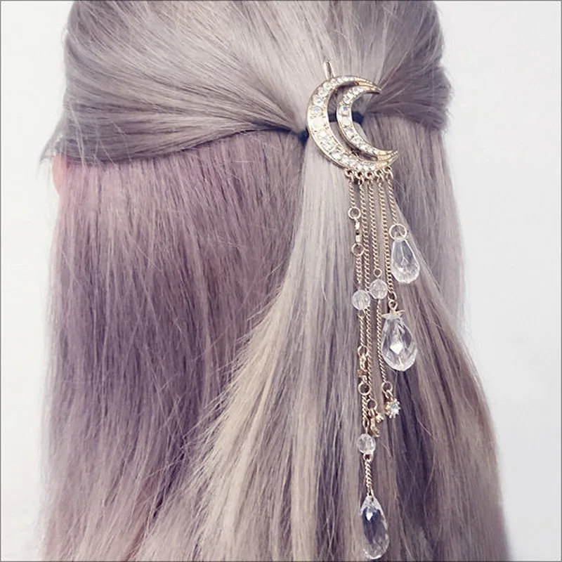 Очаровательный золотой серебряный черный розовый золотой цвет кристалл зажим для волос в виде Луны кисточки аксессуары для длинных волос Femme Bijoux