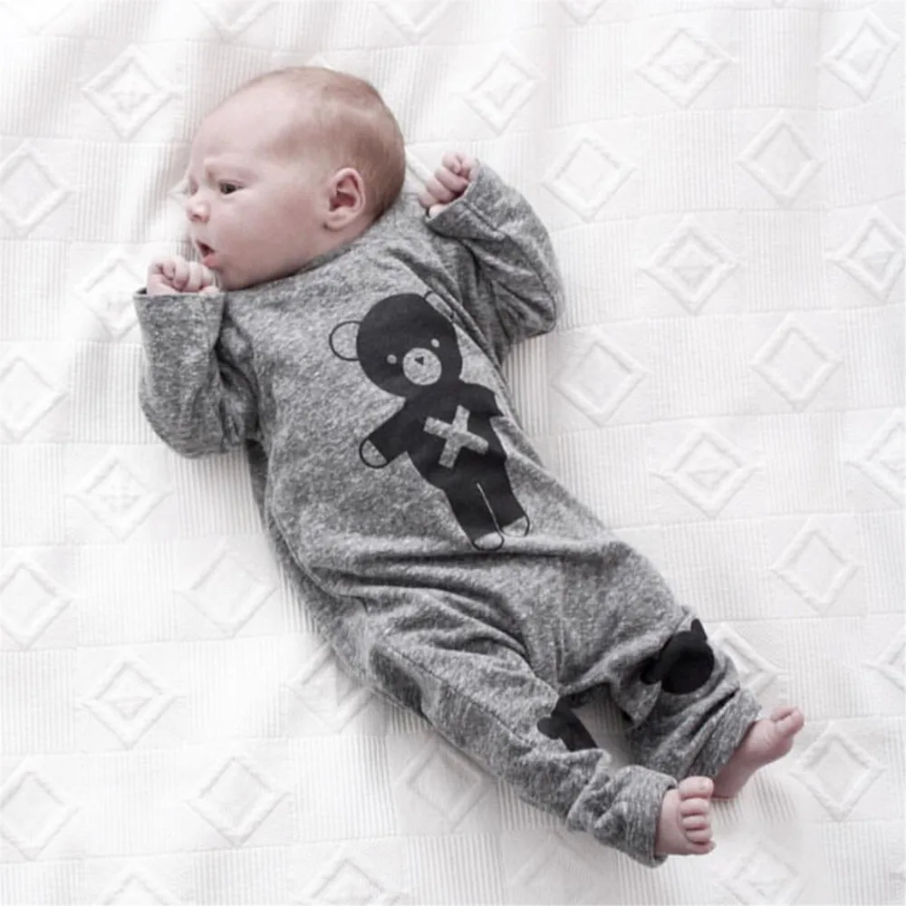 

2018 Autumn Style Baby Rompers Long Sleeves Gray Bear Cartoon Printing Jumpsuit Newborn Baby Boy Girl Clothes Toddler Outfits