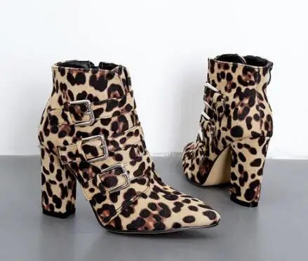 

Women Ankle Boots Leopard /Snake Square Heel Booties Fashion Pointed Toe Ladies Shoes Sexy High Heels 9CM Zipper Shoes Woman