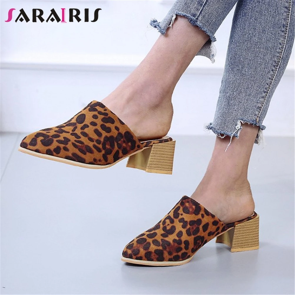 

SARAIRIS New Fashion Big Size 35-43 INS Hot Leopard Mules Ladies High Heels Shoes Woman Casual Outside Summer Slippers Shoes
