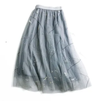 

Summer Elegant Womens Embroidery Elastic High Waisted Mesh Pleated A Line Skirts , Sweet Casual Patchwork Skirts For Woman