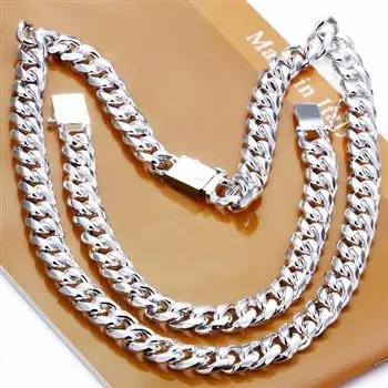 

M925 Silver color jewelry - set wedding set casual 10mm side chain square buckle men bracelet&necklace - 2 set CS101
