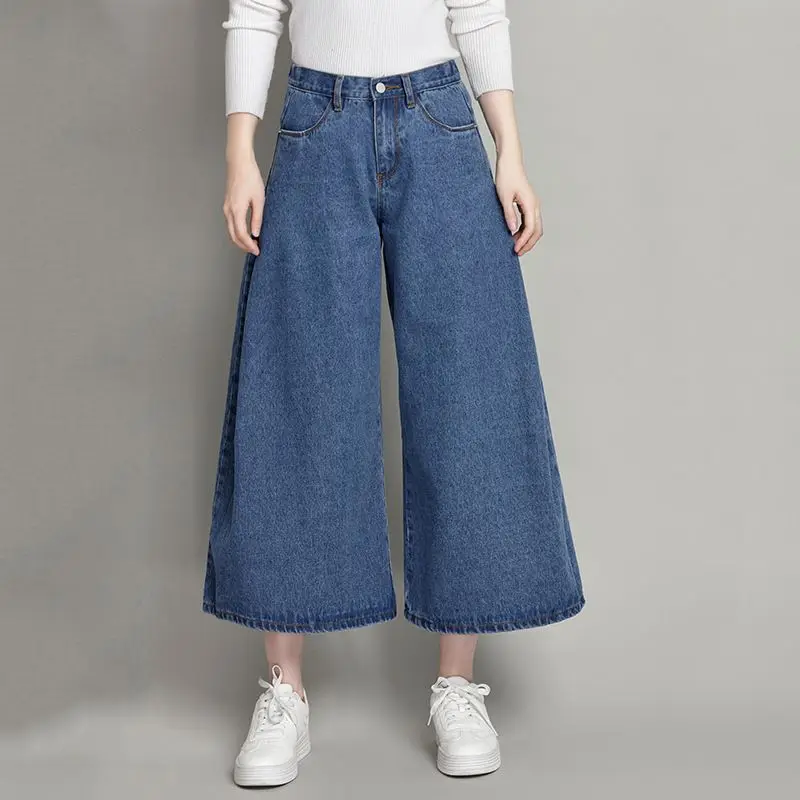 Plus size Woman wide leg jeans Fashion Blue Denim Flare Pants Oversized Mid Waist Ankle Length 