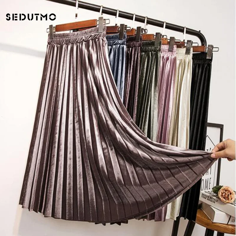 

SEDUTMO Spring Velvet Skirts Women High Waist Midi Pleated Skirt Tutu Slim Autumn Vintage Black Basic Skirt ED762