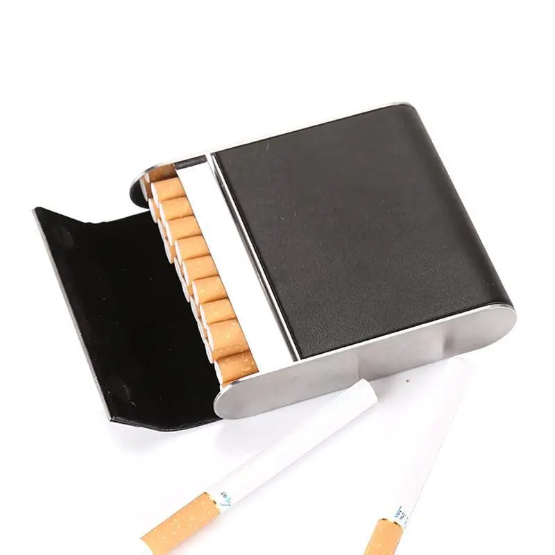 

Clamshell Genuine Leather Cigarette Case Stainless Steel Cigarette Holder 16 Cigarettes Capacity Men cigarette case