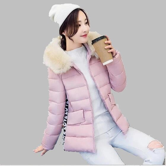 

2017 Women Winter Coat Korean New Big Fur Collar Hooded Down Jacket Short Casual Thick Warm Cotton Coat Large size Jacket AB283