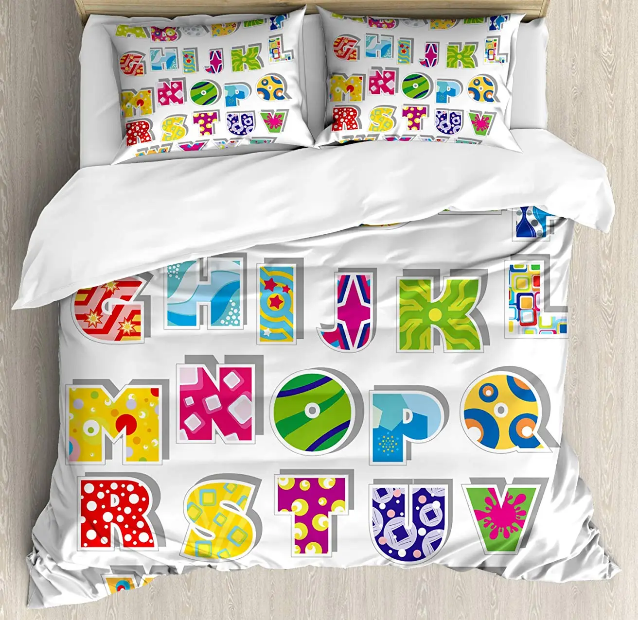 

Letters Duvet Cover Set Full Alphabet with Various Designs Abstract Dots Squares Paint Splashes Pattern 3 Piece Bedding Set