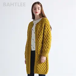 BAHTLEE Зима с длинным рукавом теплый мохер кардиган Вязание длинный кардиган шерстяной свитер женский джемпер карман свитер горчично-желтый