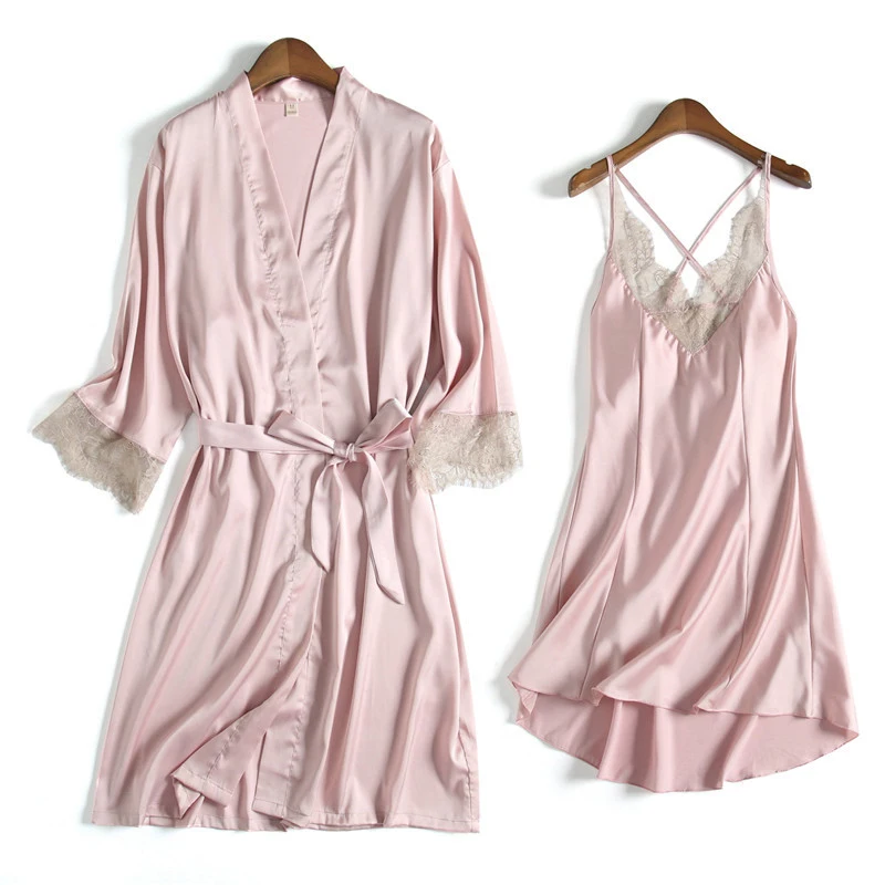 

MECHCITIZ Sexy Women's Robe & Gown Sets Lace Bathrobe Night Dress 2 Pieces Sleepwear Womens Sleep Set Silk Robe Femme Lingerie