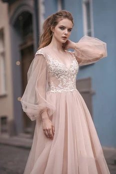 

LORIE Light Pink Princess Wedding Dress Sweetheart Appliqued Puff Sleeves Bride Dress A-Line Tulle Backless Boho Wedding Gown