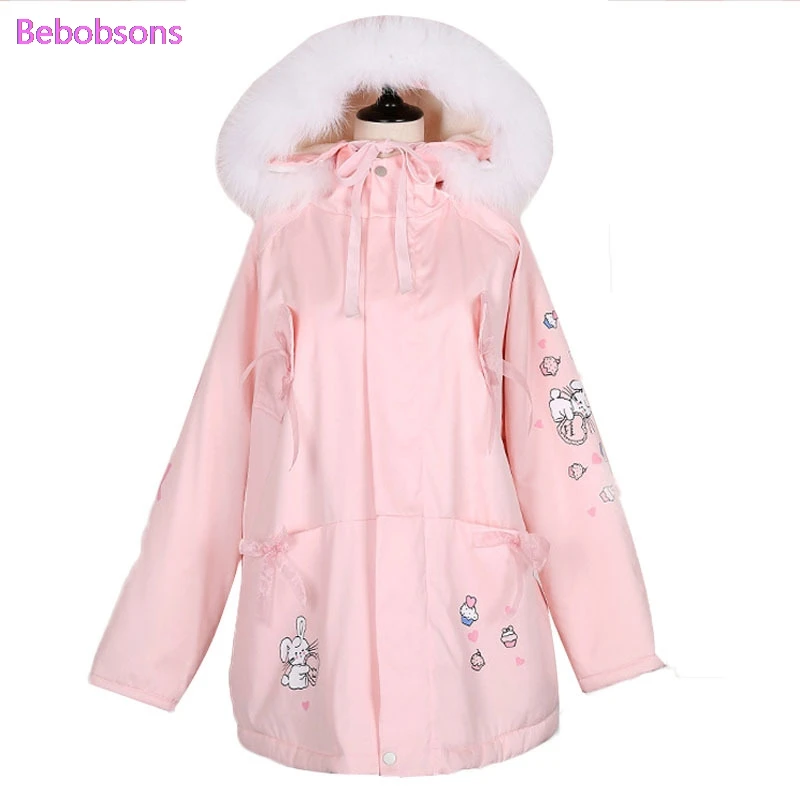 Милые женские длинные парки с меховым воротником, пальто с флисовой подкладкой, розовая куртка в стиле Лолиты, хлопок, галстук-бабочка, принт кролика, зимняя теплая верхняя одежда, пальто