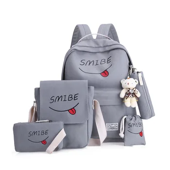 

5cs/set Women Backpack Canvas Printing Smile School Bags For Teenage Girls Women's Backpacks Solid Women's Bag Mochila Mujer