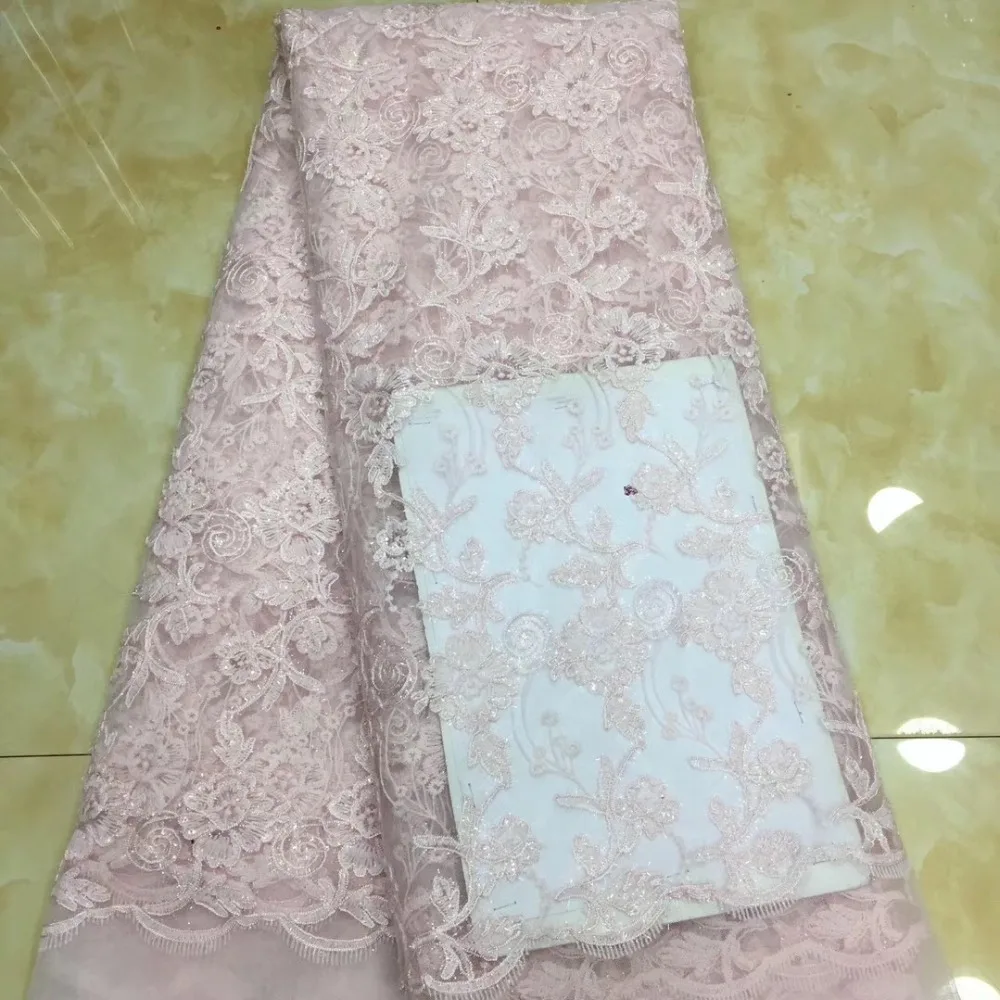 

French lace fabric 5yds/pce dhl pink sequins embroidery mesh fabrics women gorgeous luxury party asoebi wedding dress 2019