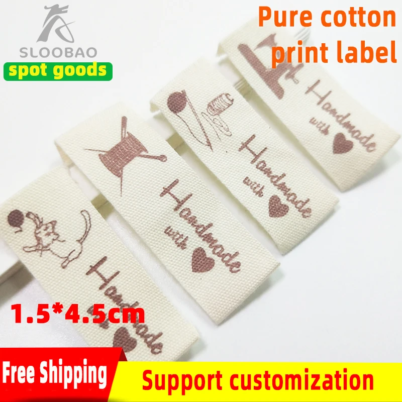 Free shipping Cotton fabric Clothing Labels brand hand made printed Tags  natural cotton Labels for clothing