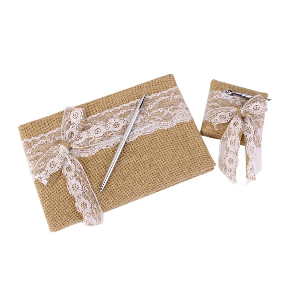 

Hessian Burlap Wedding Guest Book Pen with Stand Set Lace Bowknot Decorated