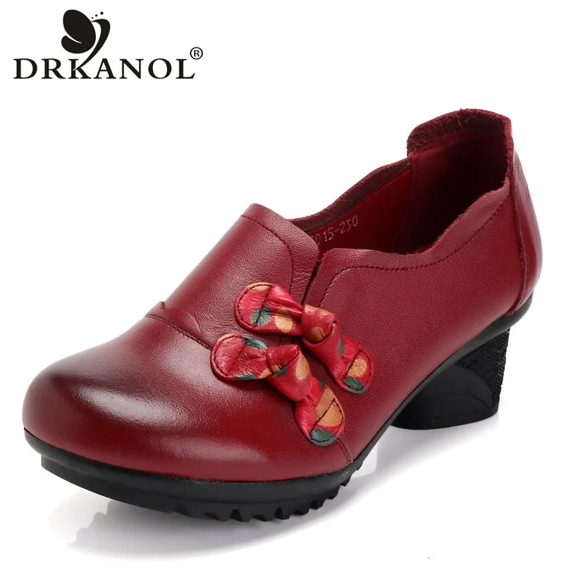 

DRKANOL Big Size 35-41 Women Pumps Retro Genuine Leather Slip On High Heel Shoes Spring Women Thick Heel Shoes Zapatos Mujer
