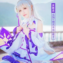 Anime Re Cero Isekai kara Hajimeru Emilia Seikatsu Cosplay Cos Fiesta de Halloween set Completo 4en1 (Vestidos + Headwear + oído + calcetines)