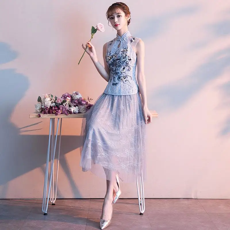 Розовый сладкий оверсайз 3XL Vestidso женское Ципао Новинка Платье для вечеринок элегантный в китайском стиле кружева Qipao S-190521-21 - Цвет: Gray