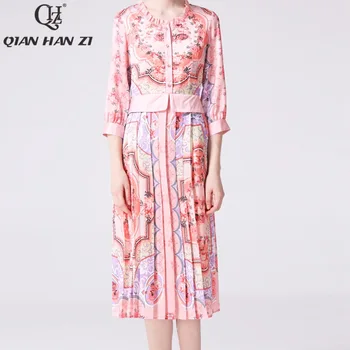 

Qian Han Zi newest 2019 Designer fashion Runway summer dress Women's sleeve pattern Printed elegant pleated pink sweet dress