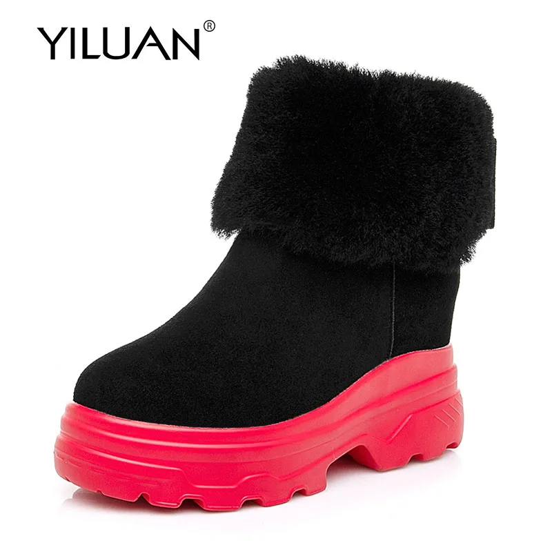 

YILUAN leather Winter casual Women Shoes zip Wedge martin Boots Women's High heel Ankle Boots Warm Plush Snow Boots bowknot