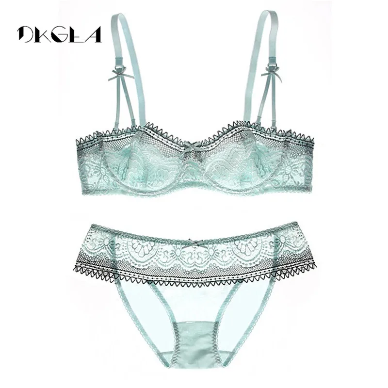 Koop Jong Meisje Ultradunne Half Cup Beha Plus Size D Cup Kant Transparante Bh Set Sexy Groene Ondergoed Vrouwen Sets Hollow out Brasserie