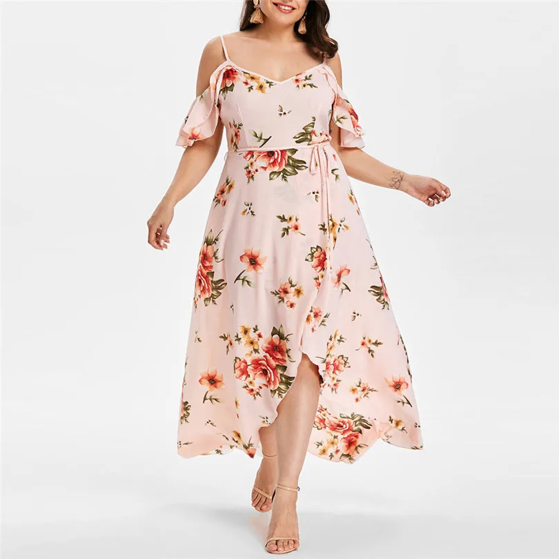   Plus Size Women Summer  Fashion  Casual Short Sleeve Cold Shoulder Boho Party Beach Flower Print Long Dress#4M11 (29)