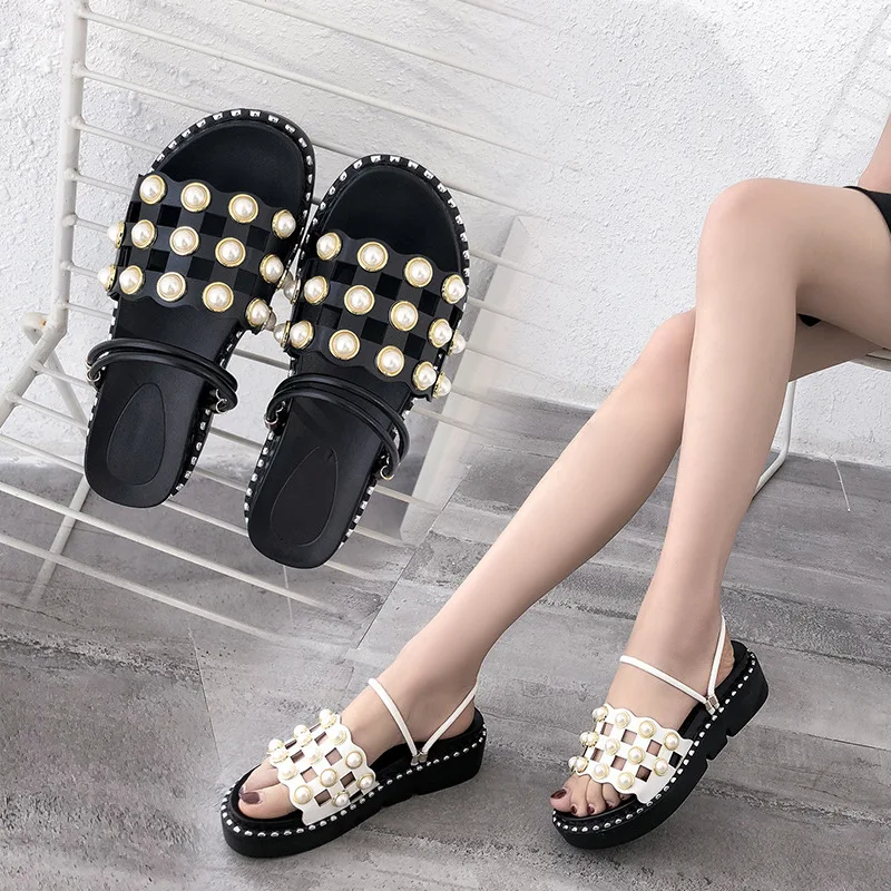 

Fashion Open Toe Platform Flat with Women Sandals Back Strap Solid Basic Women Shoes Slip-On Casual String Bead Sandals