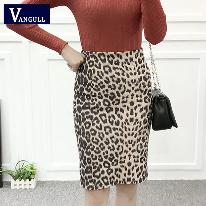 

VANGULL Women Leopard Print Skirt 2019 Spring New Autumn Casual High waist Female Plus Size Suede Slim split Pencil Skirt