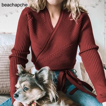 

2019 Autumn New fashion Women Pullover Sweaters V neck Lace up Ruffles Female knitted tops Long sleeve Sexy Jumper