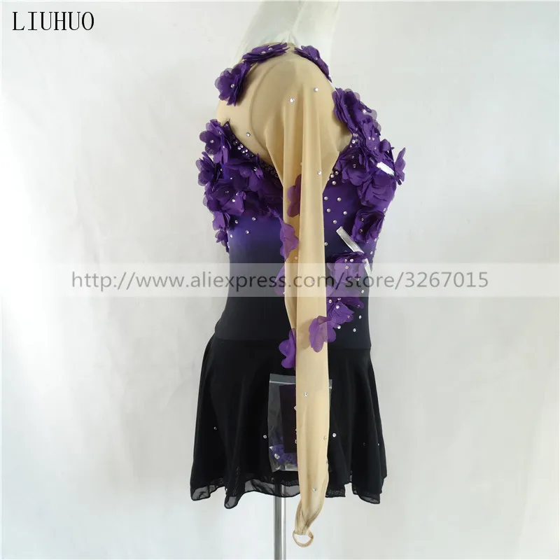 Figure Skating Dress Women's Girls' Ice Skating Dress Purple flower black Round neck long sleeve Competition Stripe pattern 