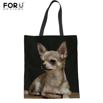 

FORUDESIGNS Youth Girls Linen Tote Bags Cute 3D Animal Chihuahua Women Eco-friendly Summer Beach Bag Durable Magazine Handbags