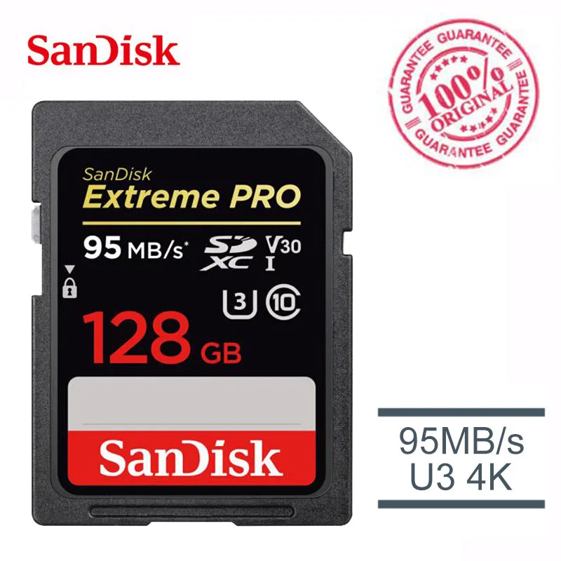 Карта памяти SanDisk Extreme PRO 128G SDHC SDXC UHS-I 32 ГБ, карта памяти 64 Гб C10 95 м/с U3 V30 256 ГБ, картао-де-Мемория с кардридером - Емкость: 128GB