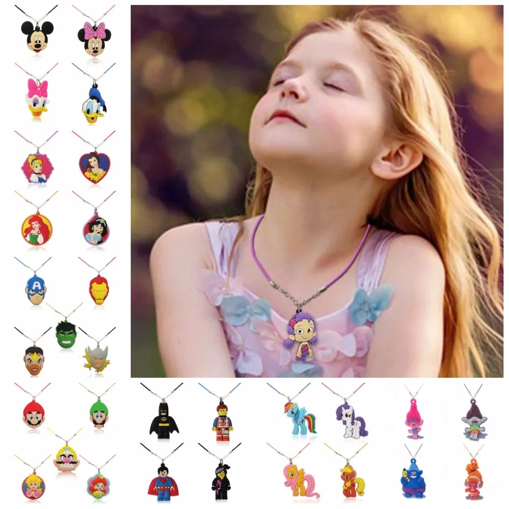 

500pcs PVC Cartoon Figure Mickey Marverl Avengers Rope Chains Necklace Super Mario Princess Trolls Choker Necklace Pendant 51cm