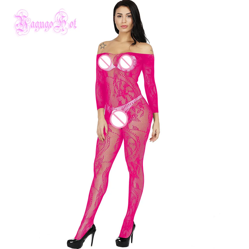 Sexy Fishnet Sheer Crotchless Swirly Lace Teddy Floral Long Sleeved Bodystocking Lingerie Intimates Babydoll Bodysuit Catsuit