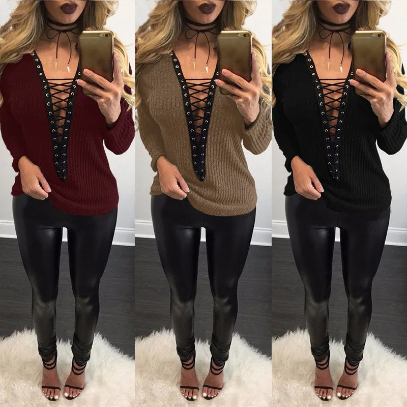 

ZANZEA Brand Pullover Women 2017 Autumn Sexy Knitted Tops Thin Sweater Lace Up V Neck Hollow Out Long Sleeve Knitwear Plus Size
