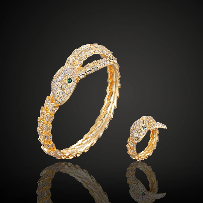 

Lanyika Jewelry Set Luxury Vivid Snake Full Zircon Micro Paved Bangle with Ring for Daily Party Elegant Best Gifts