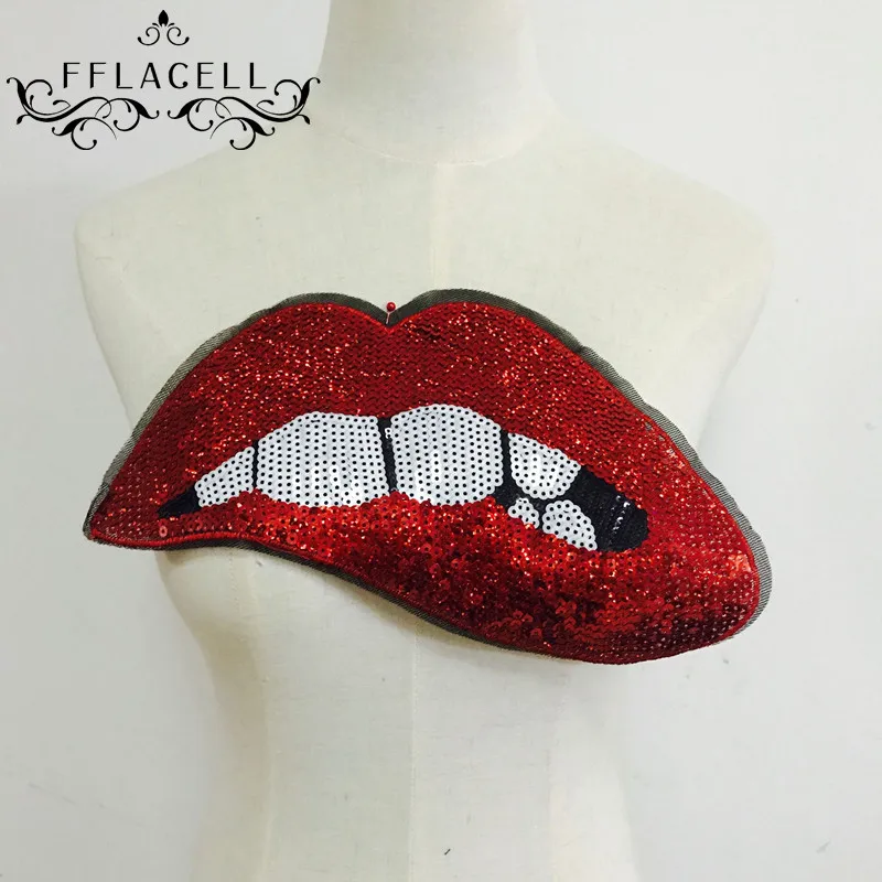 

FFLACELL DIY Big Red Lip mouth patches Applique Sewing Handmade Bling Bling Sequins Patch for Clothing Embroidered Embroidery