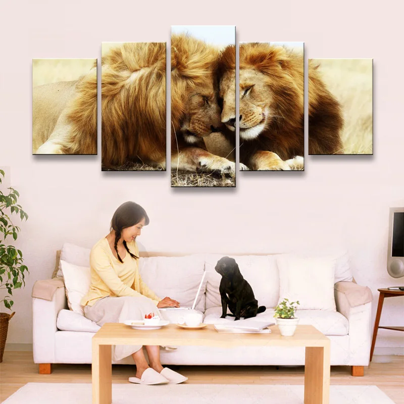 5 pieces high-definition print Animals Lion Group canvas painting poster and wall art living room picture B-053 (1)