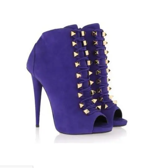 

Autumn Woman Purple Suede Ankle Boots Lace Up Peep Toe Cross Band Short Sequined Women High Heel Gold Buckle Boots