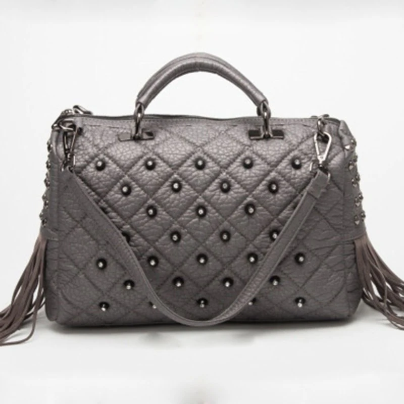 Роскошные сумки, женские сумки, дизайнерская Повседневная сумка с заклепками, сумка через плечо, женская сумка-мессенджер с кисточками, модная вместительная сумка - Цвет: Серый