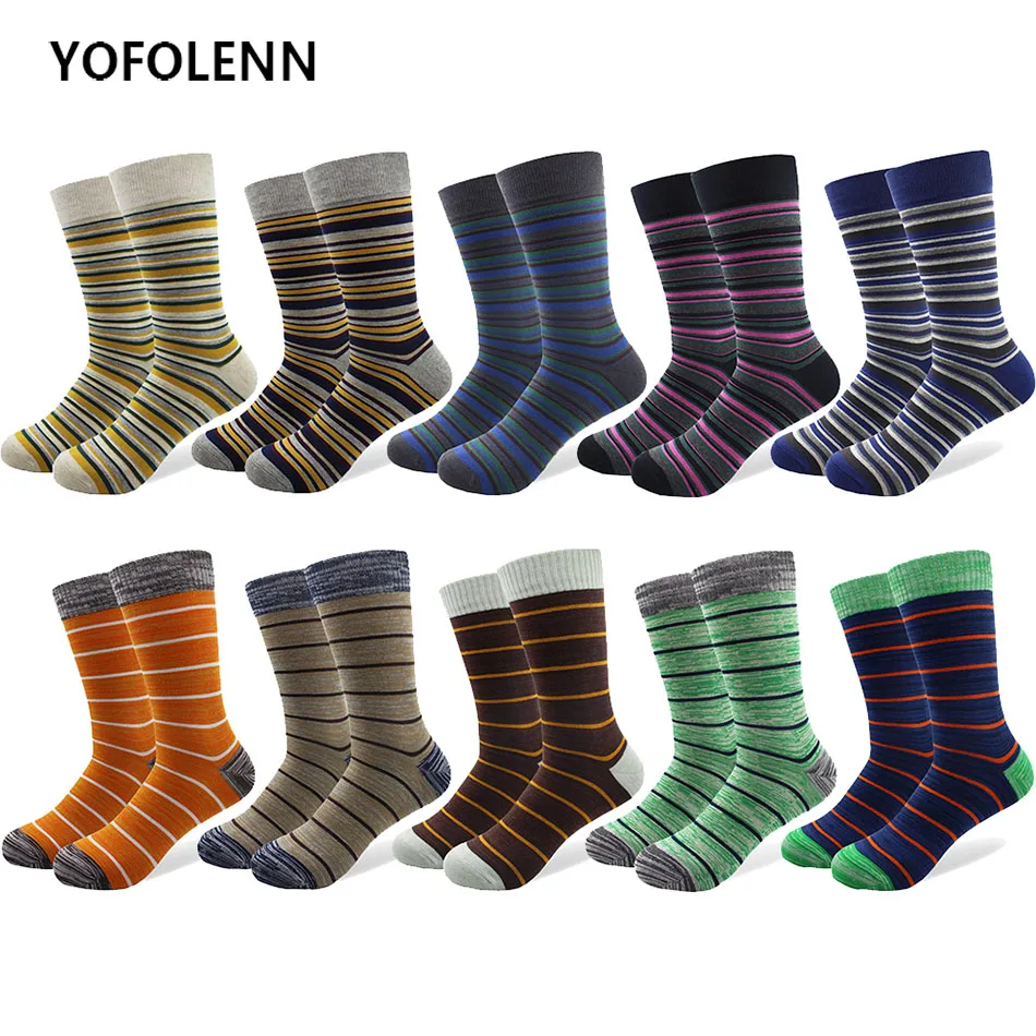 

10 Pairs/lot Mens Dress Socks Combed Cotton Material High Quality Happy Funny Wholesale Long Crew Tube Striped Socks