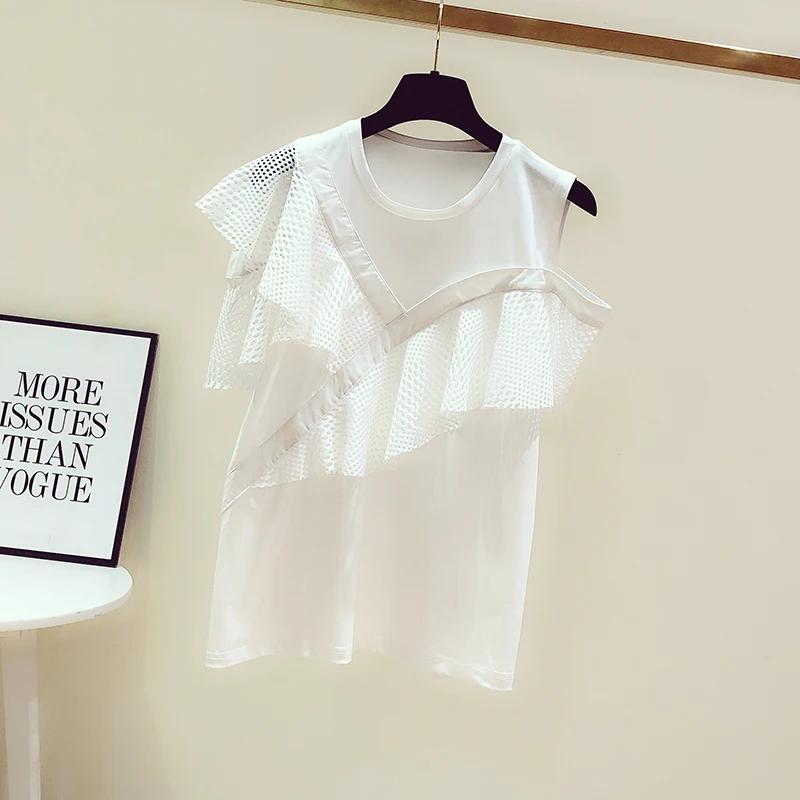 Летние белые женские блузки новые корейские темпераментные сшитые сетчатые полые гофрированные с круглым воротником с открытыми плечами футболки и топы