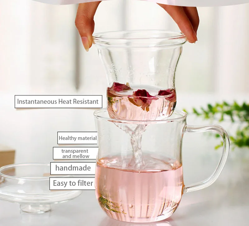 

12 fl oz Glass Tea Cup Mug Set with Lid and Infuser Heat-resistant Glass Teapot Water Drinking Bottle kitchen bar FG