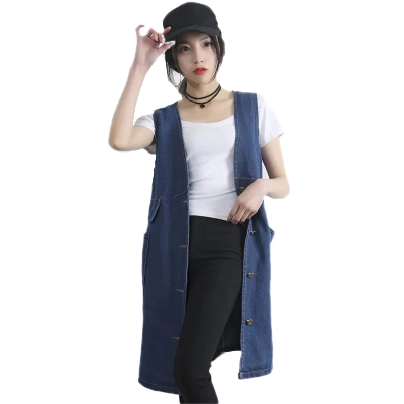 

Spring Women Vest 2019 New Loose Large size Sleeveless Jacket Mediun long Denim Waistcoat Single-breasted Female Vest JIA190