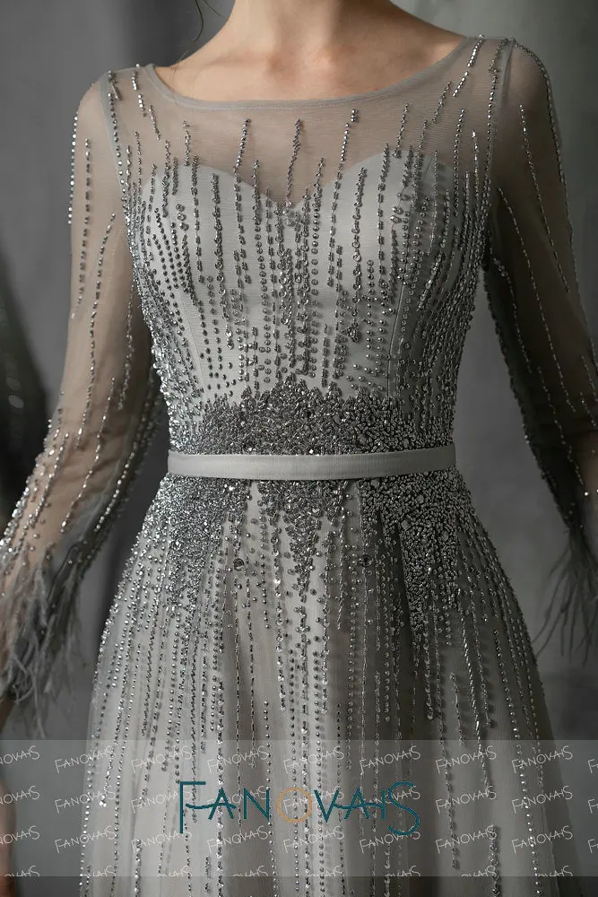 Серый серебристый вечерние платья с длинными рукавами Lucxury бусины Кристалл платье выпускного вечера vestidos de fiesta de noche largos elegantes