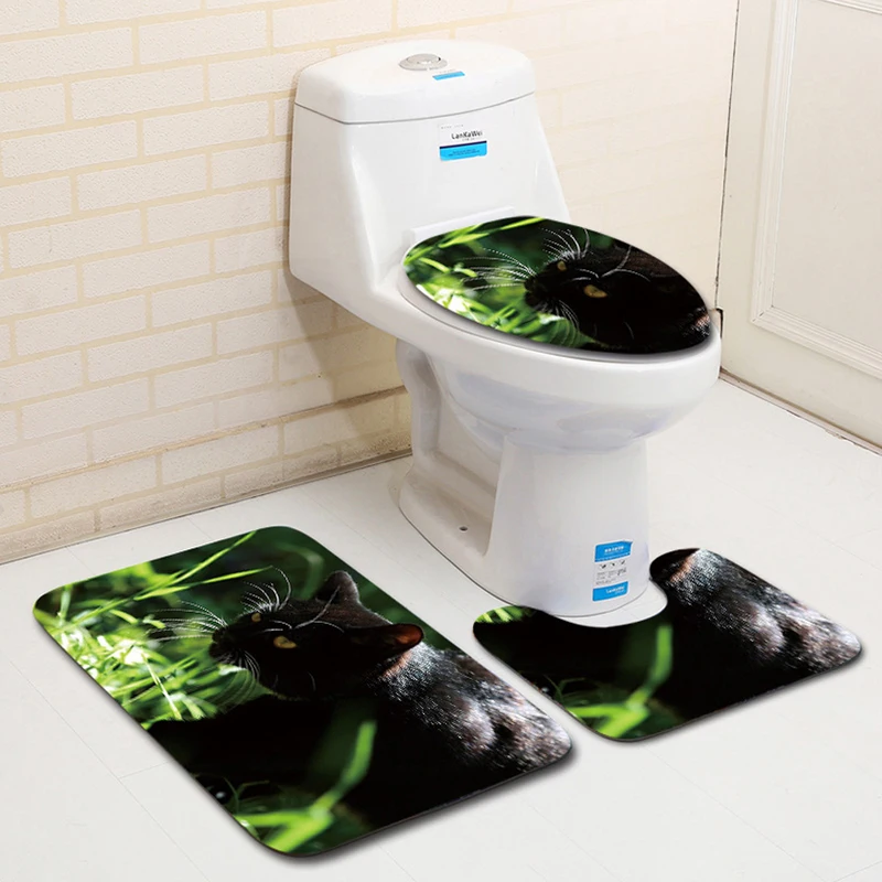 HomeMiYN Bath Mat Black Cat Grass Green Bath Mats Rugs Toilet Cover Toilet Lid Pads 3 Pcs Anti