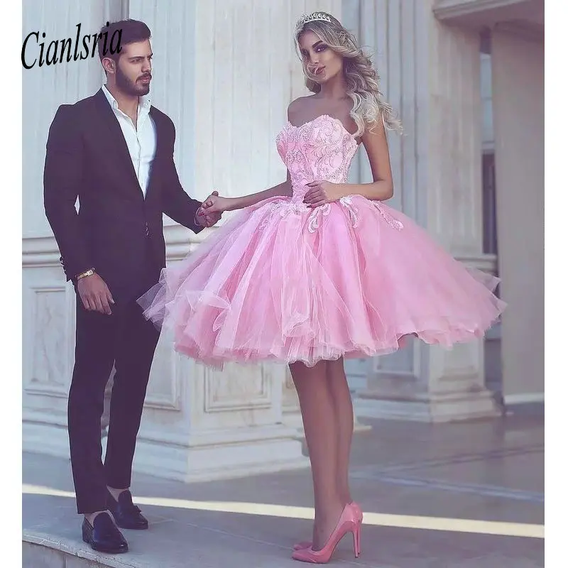 Розовые платья для выпускного вечера ТРАПЕЦИЕВИДНОЕ милое платье длиной до колена из тюля с кружевом и бисером элегантные коктейльные платья - Цвет: same as pic